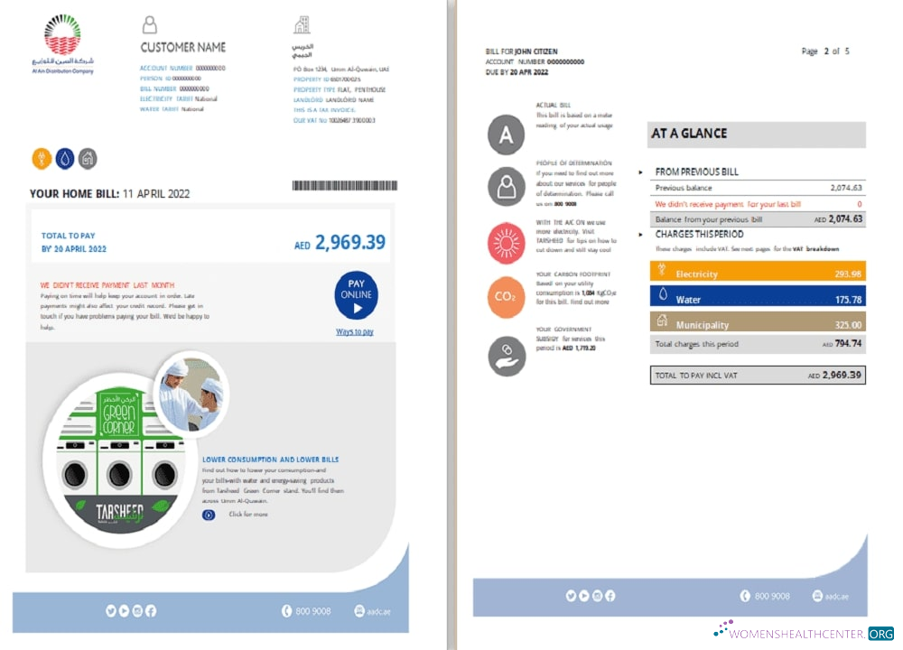download UAE Umm Al Quwain Al Ain Distribution Co. Word and PDF utility bill template (5 pages) 1 2 PDF template